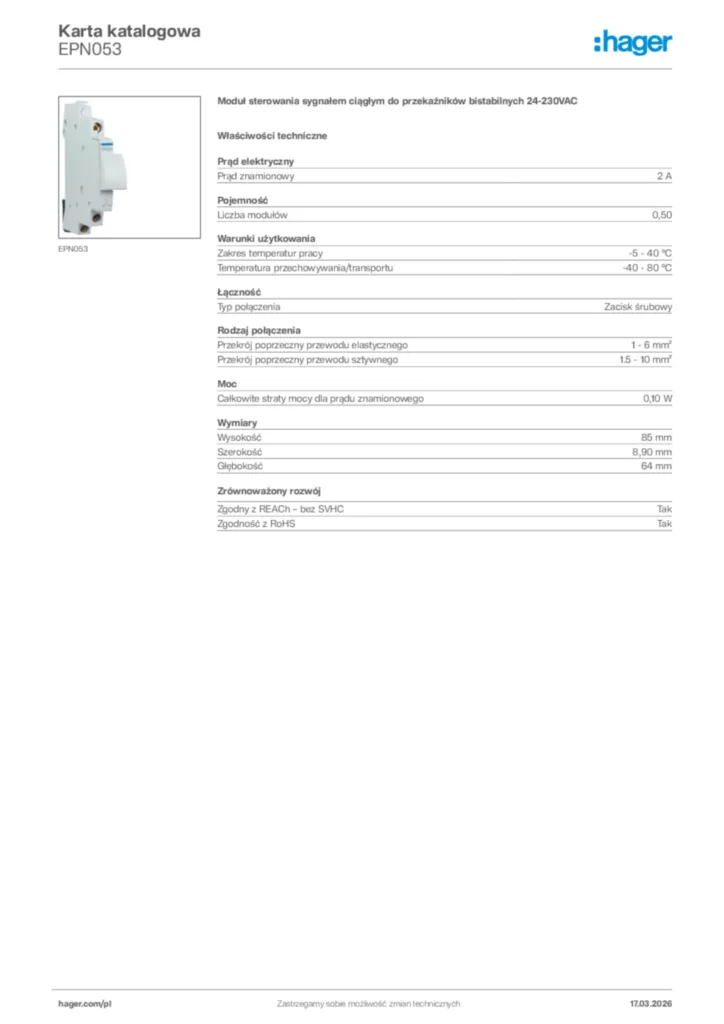 Zdjęcie Hager Karta katalogowa EPN053 | Hager Polska