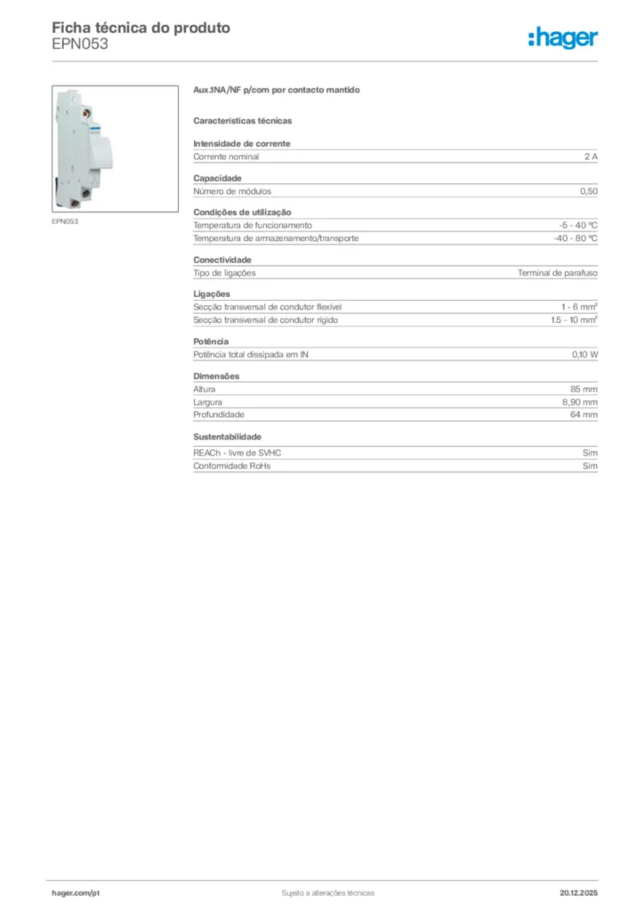 Imagem Hager Ficha técnica do produto EPN053 | Hager Portugal