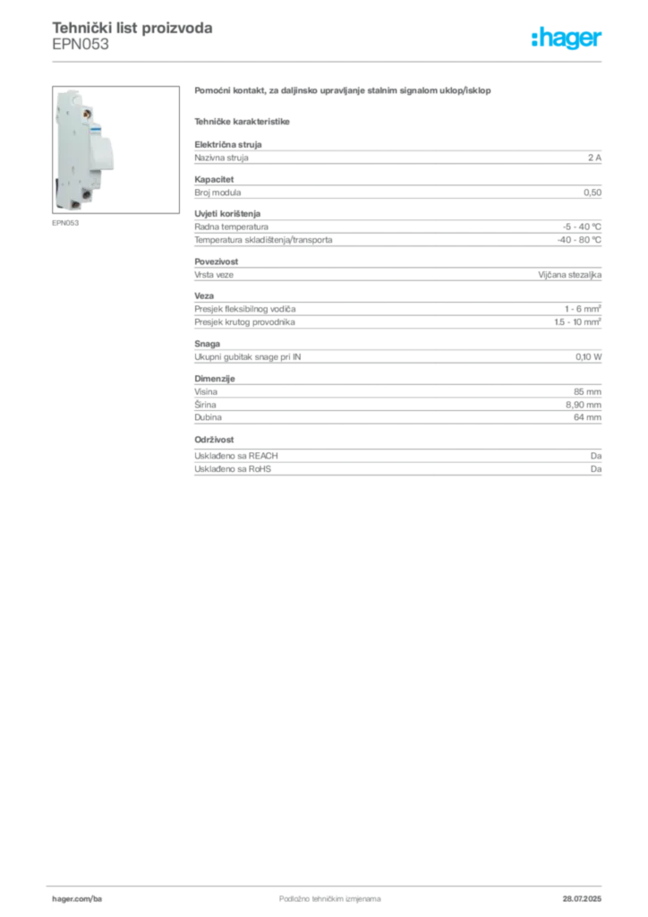 Slika Hager Product data sheet EPN053  | Hager