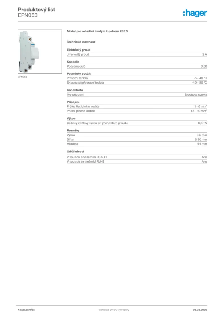 Obrázek Hager Product data sheet EPN053 | Hager