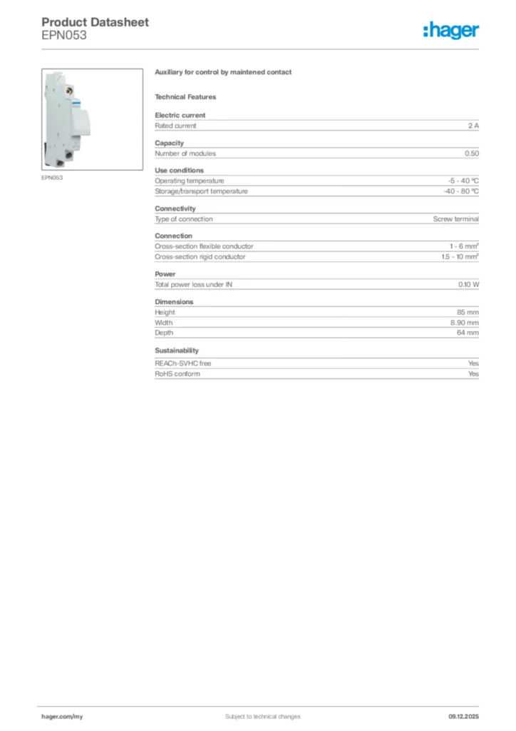 Image Hager Product data sheet EPN053  | Hager