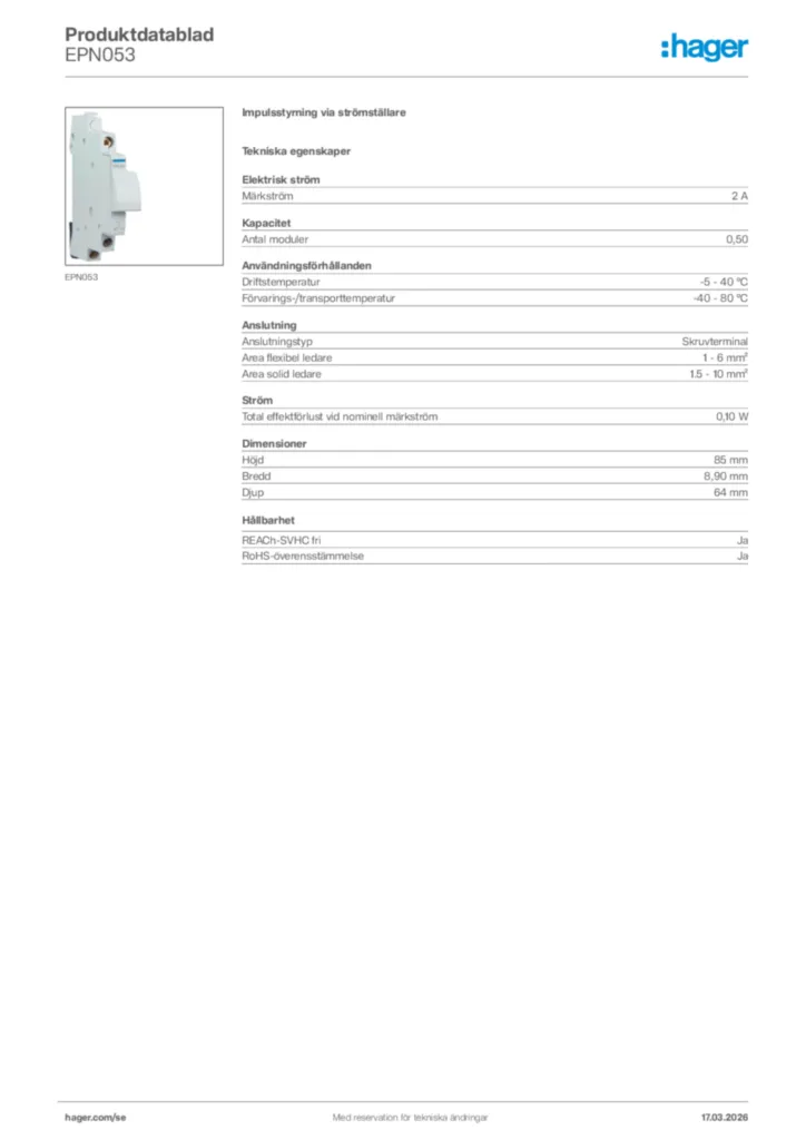 Bild Hager Produktdatablad EPN053 | Hager Sverige