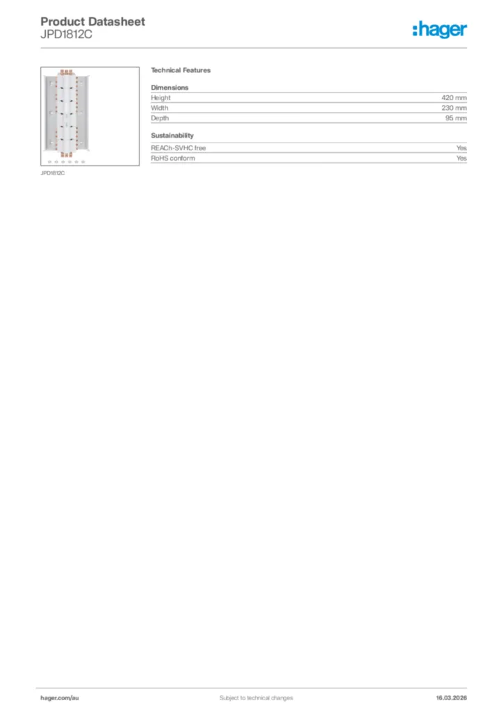 Image Hager Product data sheet JPD1812C  | Hager Australia