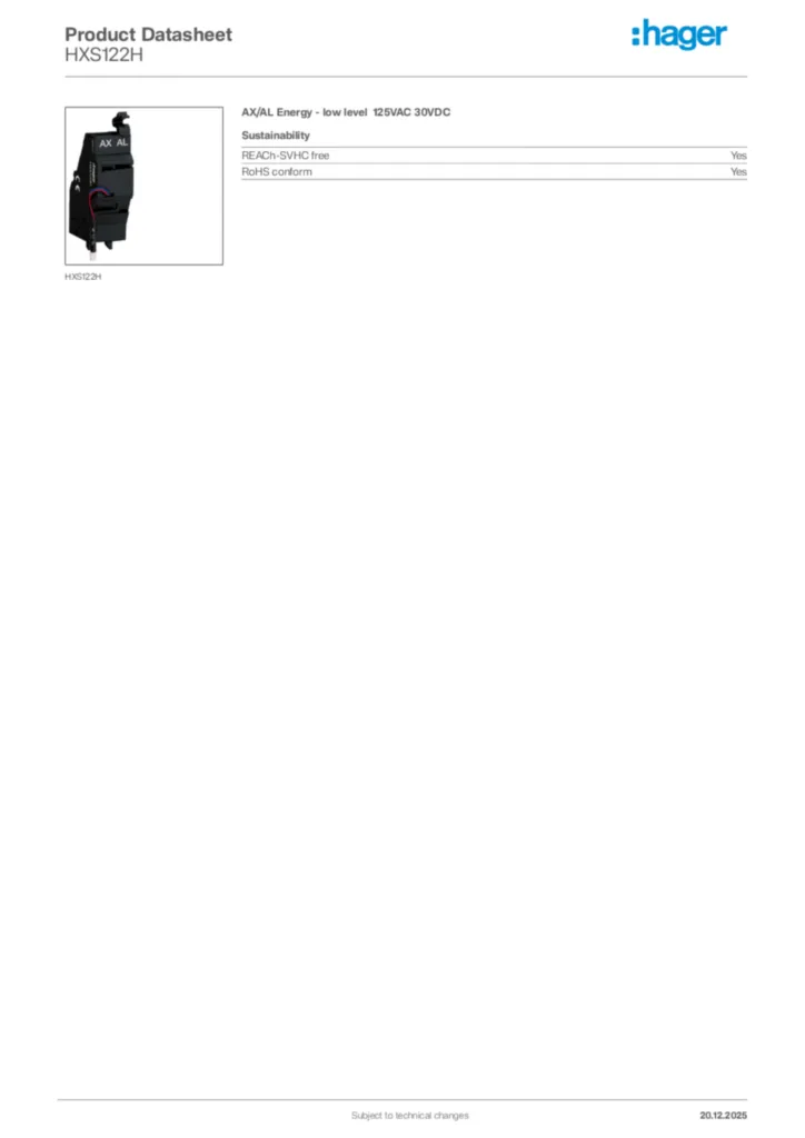 Image Hager Product data sheet HXS122H  | Hager Africa