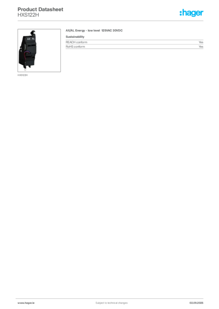 Image Hager Product data sheet HXS122H  | Hager