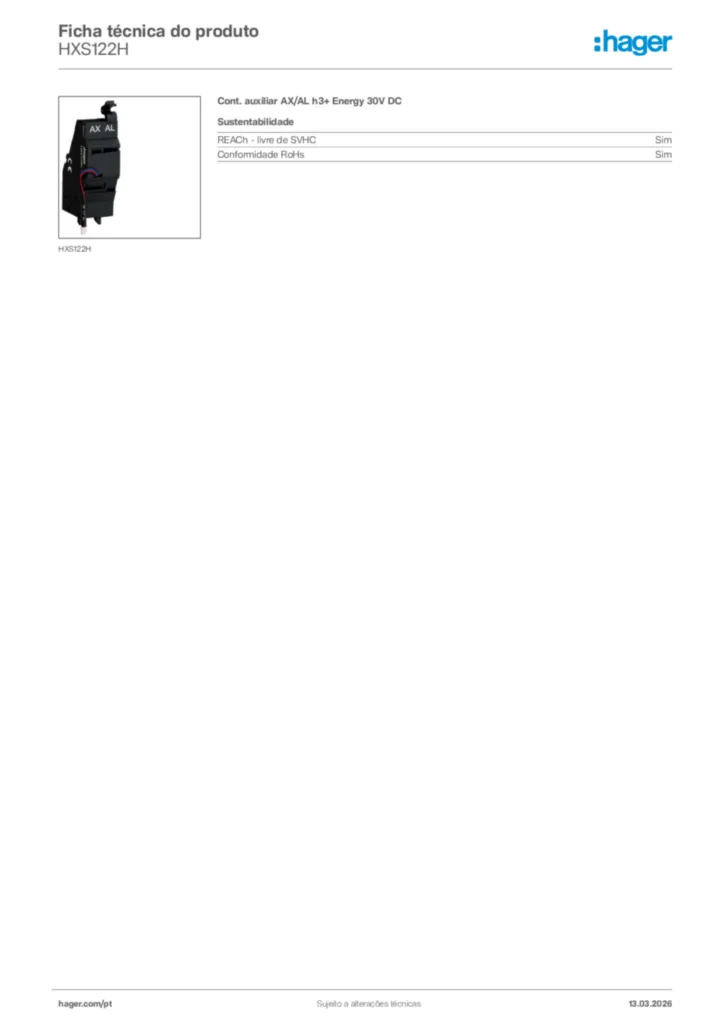 Imagem Hager Ficha técnica do produto HXS122H | Hager Portugal