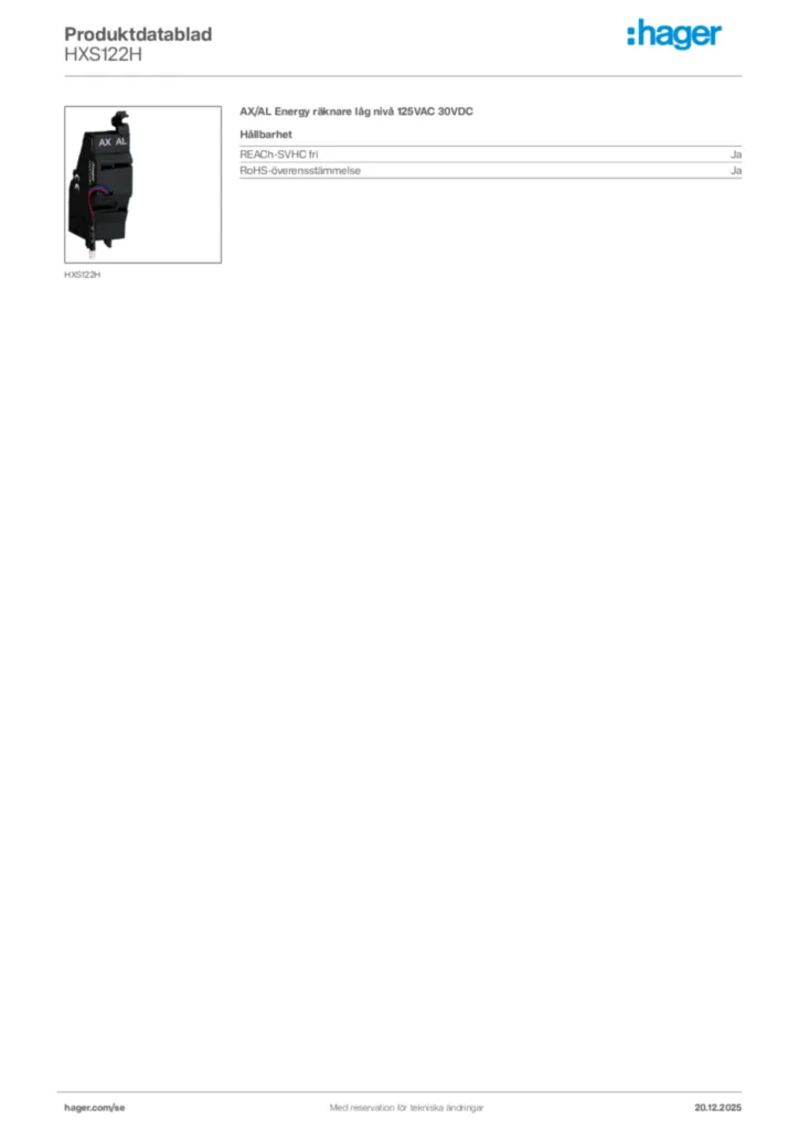 Bild Hager Produktdatablad HXS122H | Hager Sverige