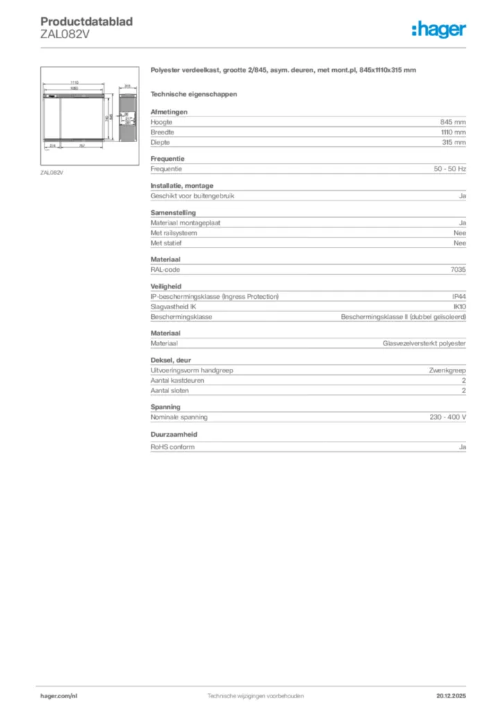 Afbeelding Hager Productdatablad ZAL082V | Hager Nederland