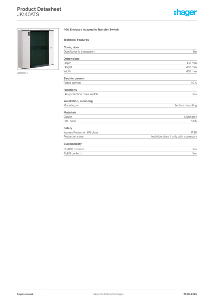 Image Hager Product data sheet JK140ATS  | Hager