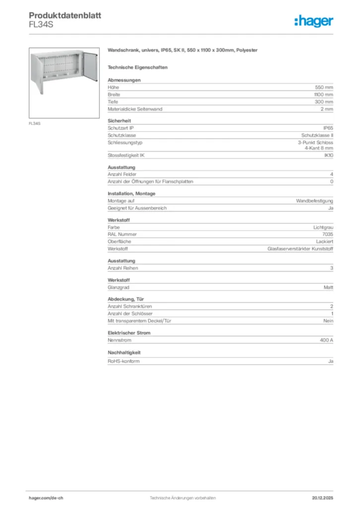 Bild Hager Produktdatenblatt FL34S | Hager Schweiz