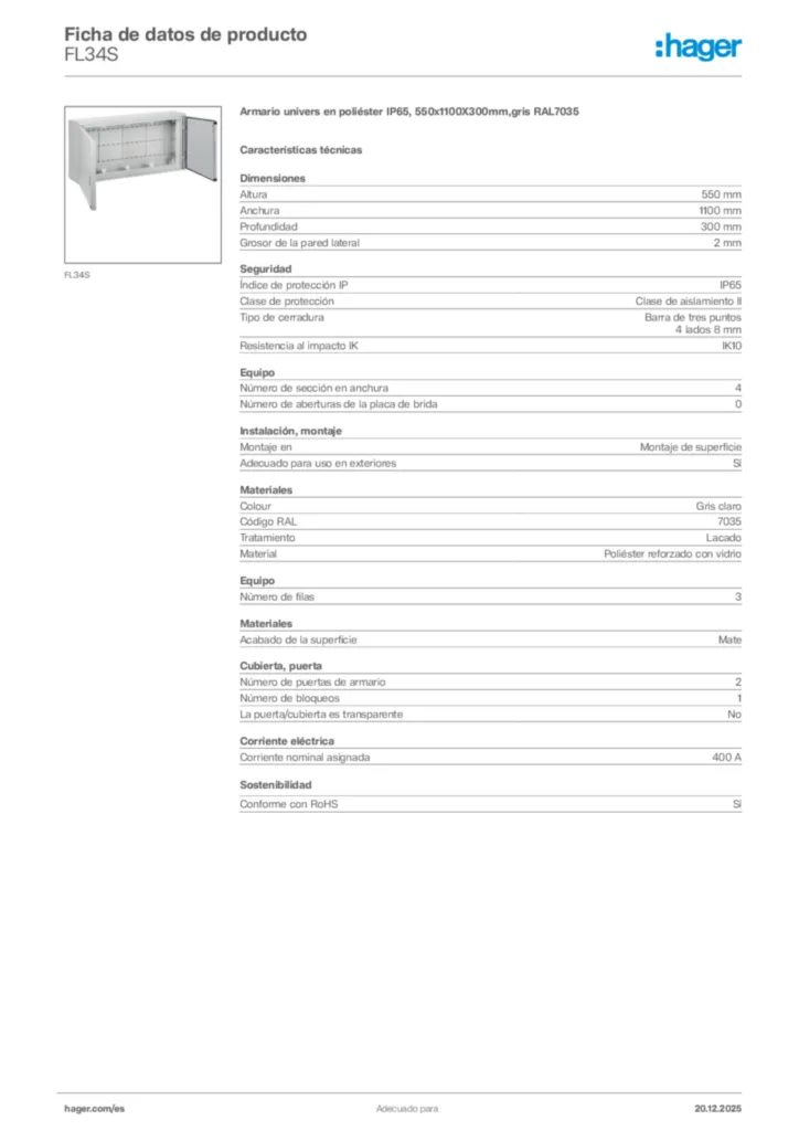 Imagen Hager Ficha de datos de producto FL34S | Hager España