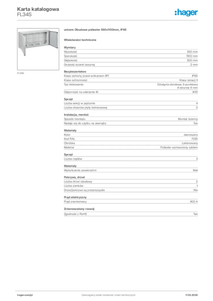 Zdjęcie Hager Karta katalogowa FL34S | Hager Polska