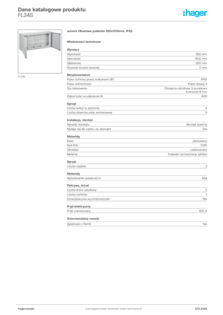 Zdjęcie Hager Karta katalogowa FL34S | Hager Polska