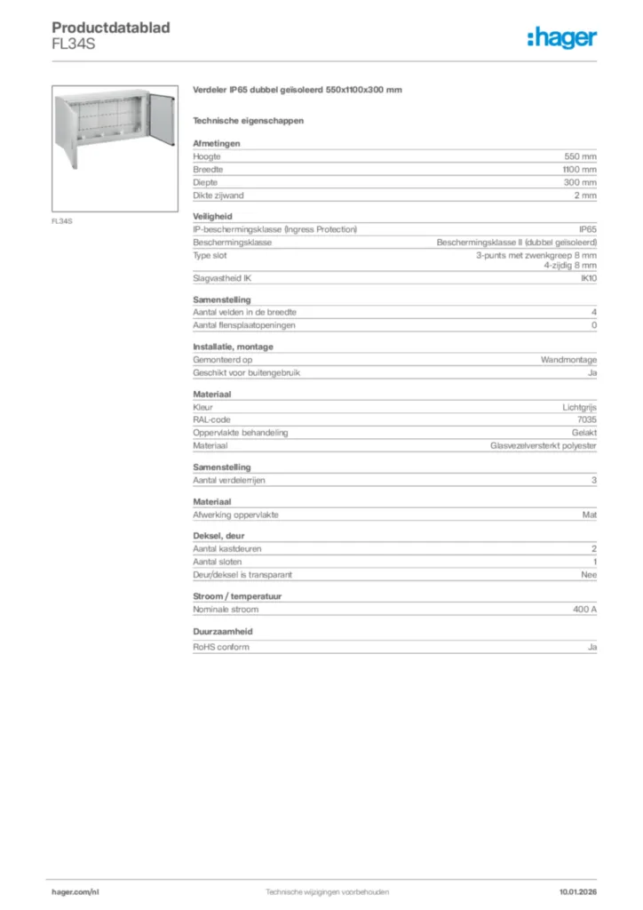 Afbeelding Hager Productdatablad FL34S | Hager Nederland