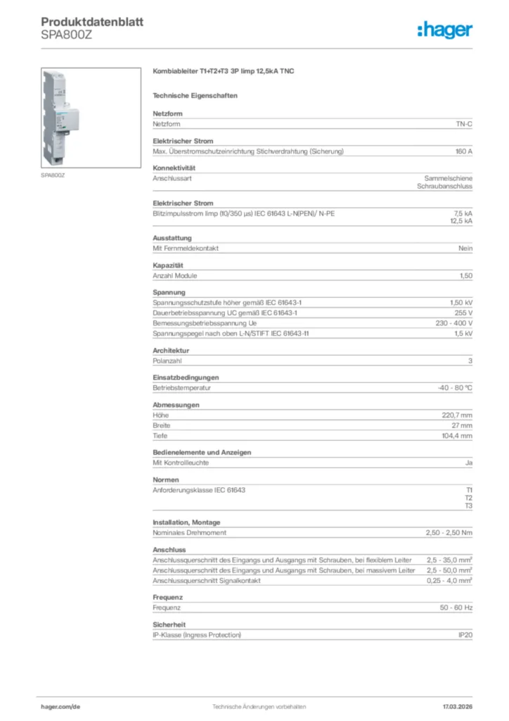 Bild Hager Produktdatenblatt SPA800Z | Hager Deutschland
