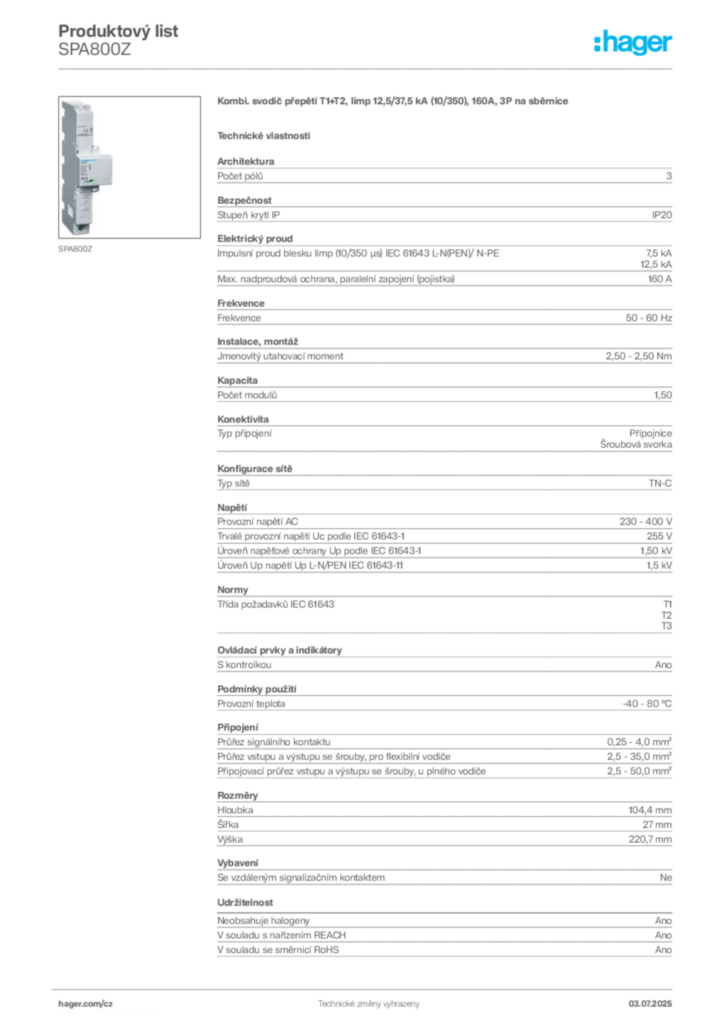 Obrázek Hager Produktový list SPA800Z | Hager