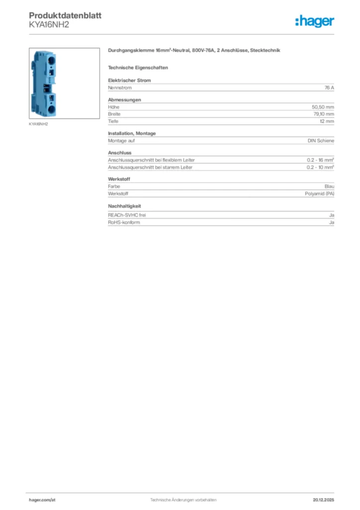 Bild Hager Produktdatenblatt KYA16NH2 | Hager Deutschland