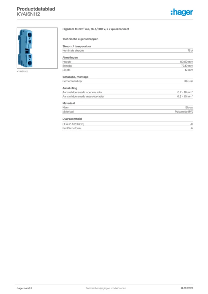 Afbeelding Hager Productdatablad KYA16NH2 | Hager Nederland