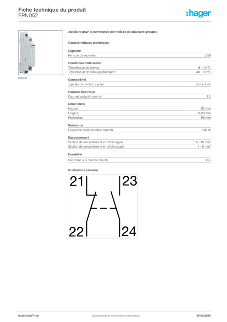 Image Hager Fiche technique du produit EPN052 | Hager Belgique