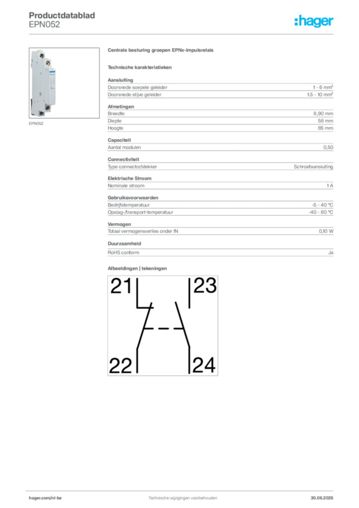 Afbeelding Hager Productdatablad EPN052 | Hager Belgium