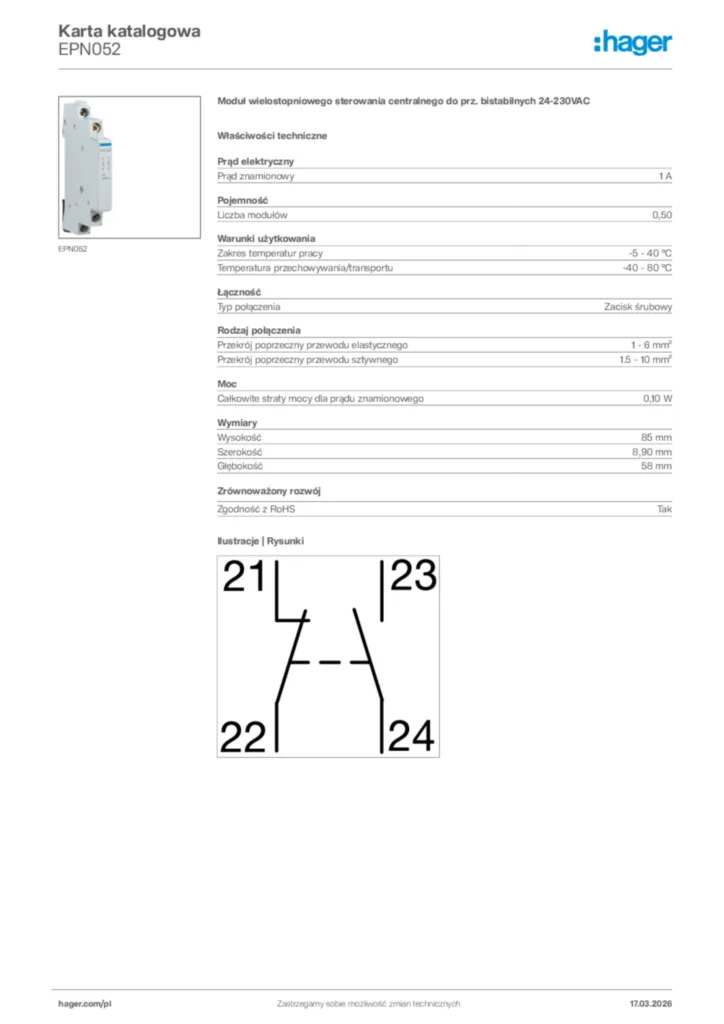 Zdjęcie Hager Karta katalogowa EPN052 | Hager Polska