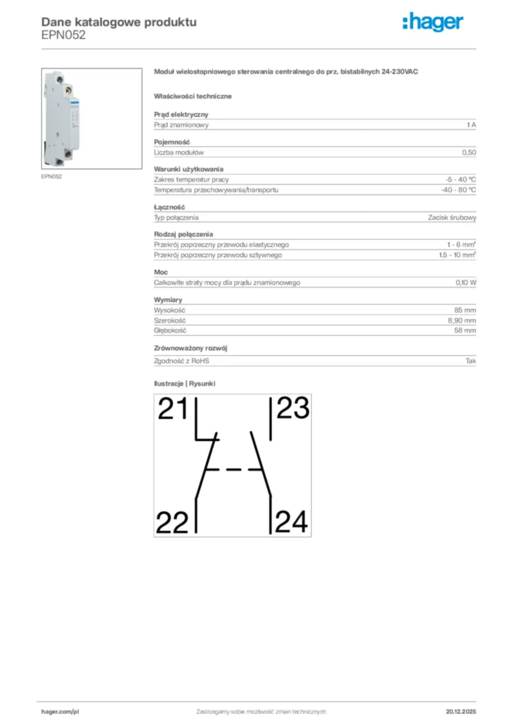 Zdjęcie Hager Karta katalogowa EPN052 | Hager Polska