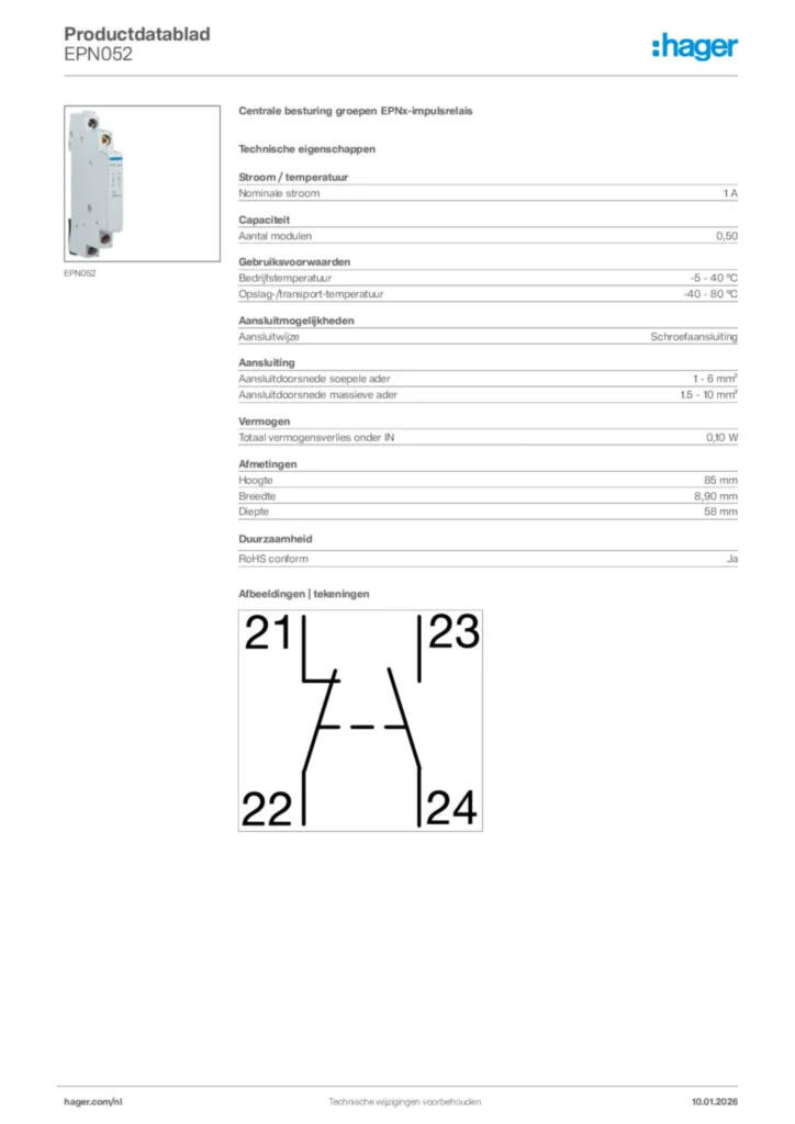 Afbeelding Hager Productdatablad EPN052 | Hager Nederland