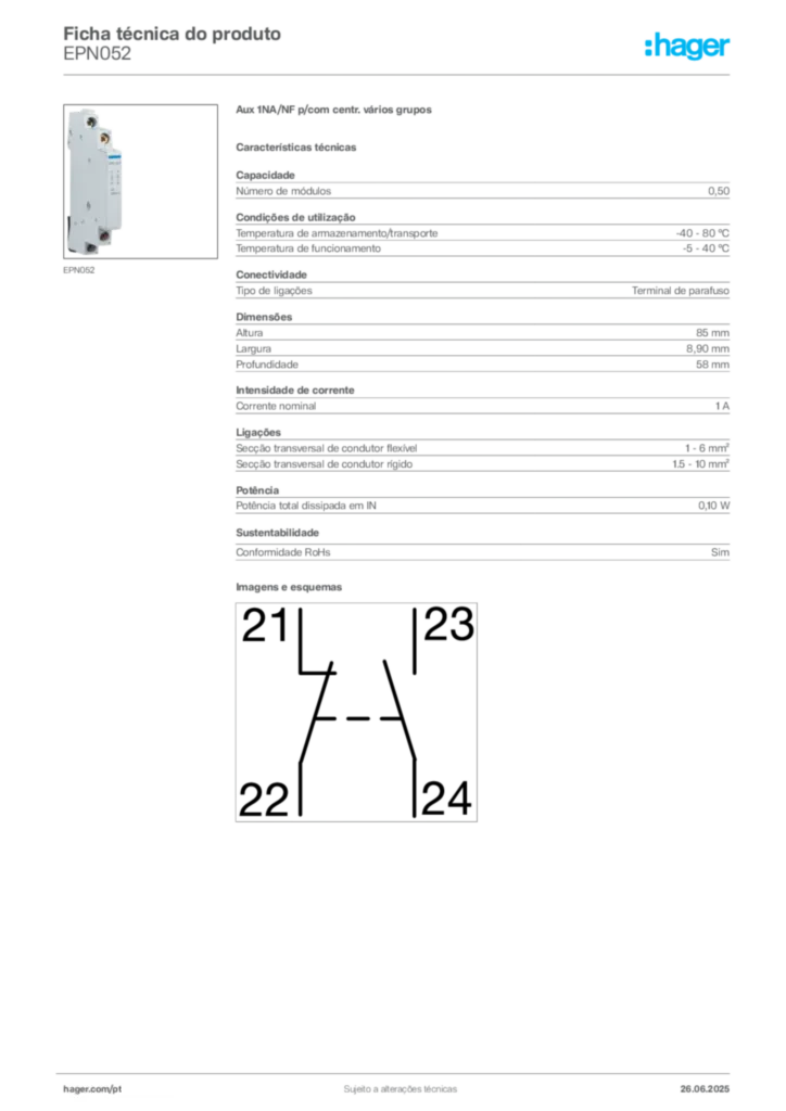 Imagem Hager Ficha técnica do produto EPN052 | Hager Portugal