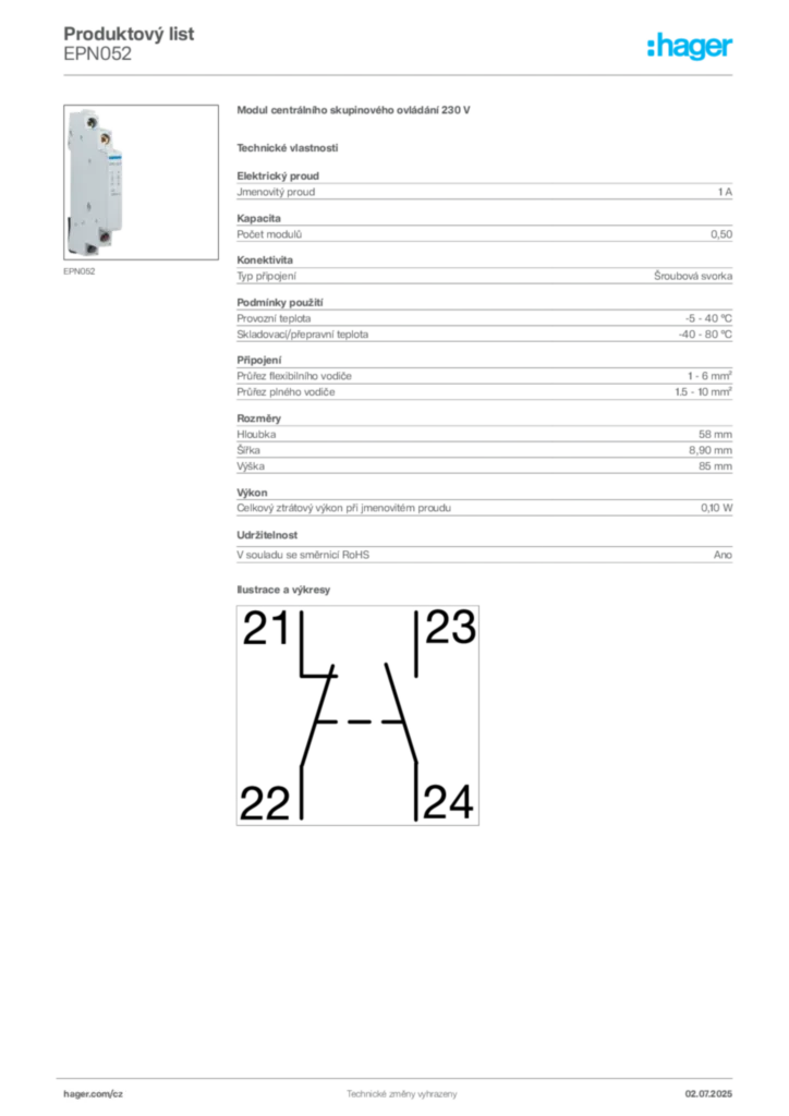 Obrázek Hager Produktový list EPN052 | Hager
