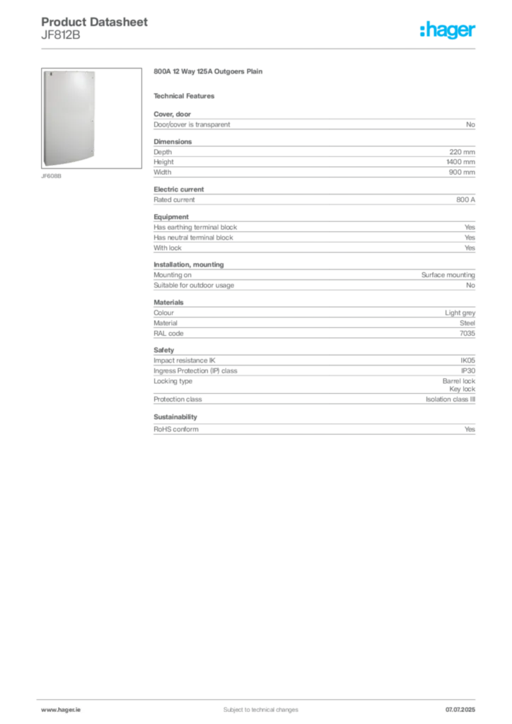 Image Hager Product data sheet JF812B  | Hager