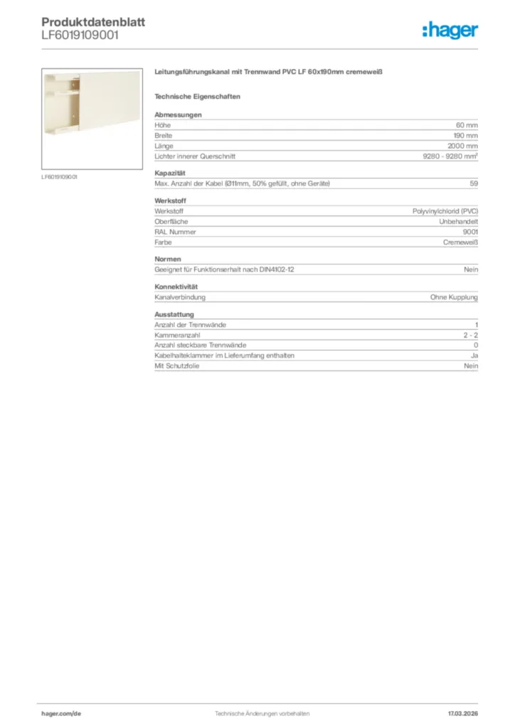 Bild Hager Produktdatenblatt LF6019109001 | Hager Deutschland