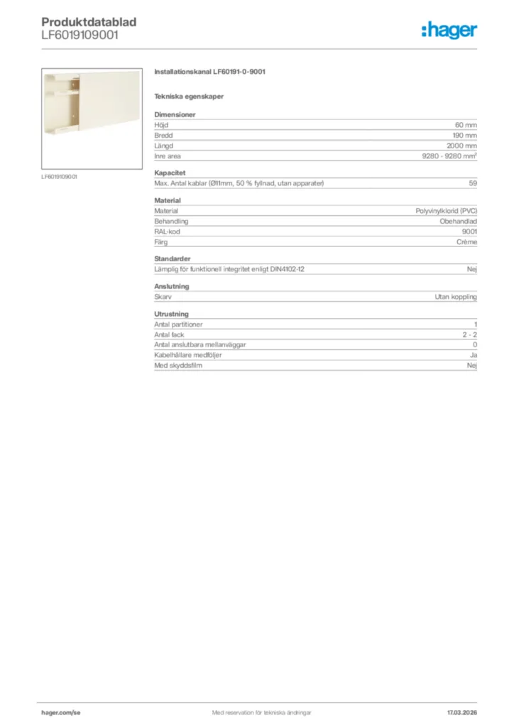 Bild Hager Produktdatablad LF6019109001 | Hager Sverige