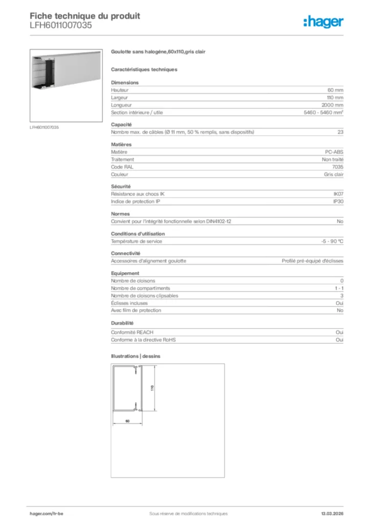 Image Hager Fiche technique du produit LFH6011007035 | Hager Belgique
