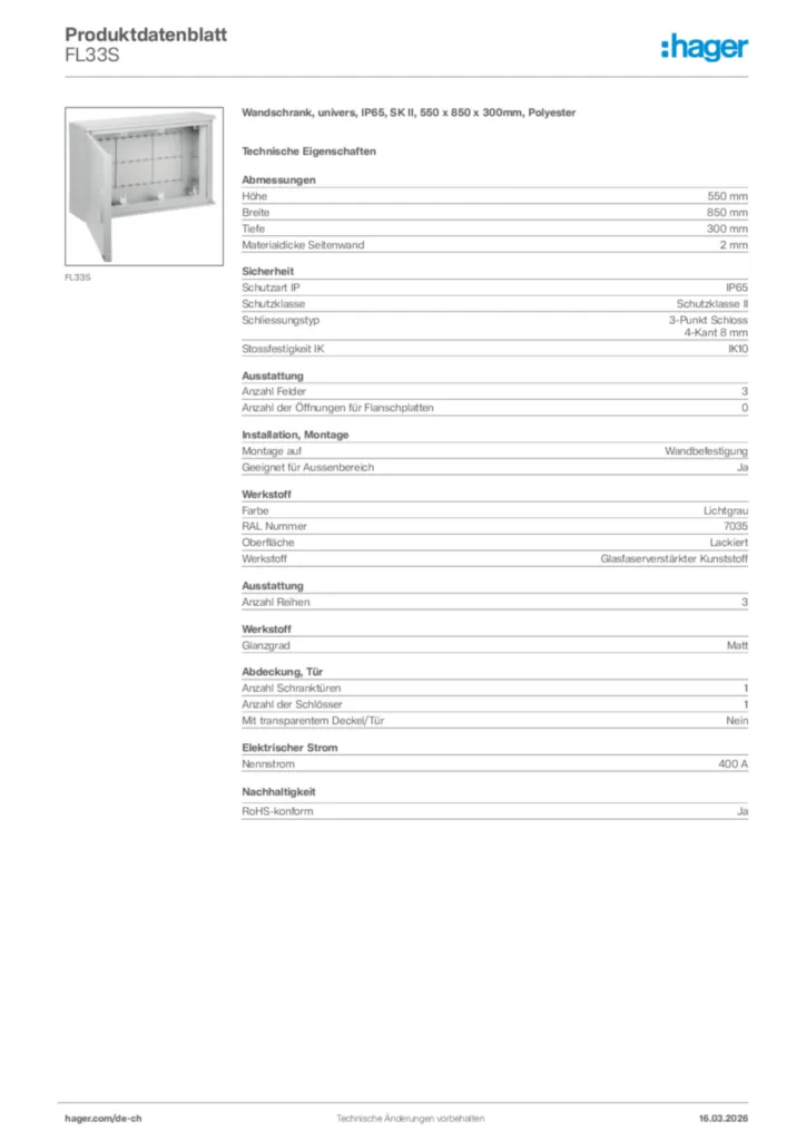 Bild Hager Produktdatenblatt FL33S | Hager Schweiz