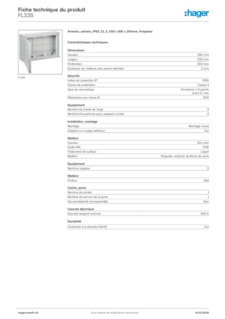 Image Hager Fiche technique du produit FL33S | Hager Suisse