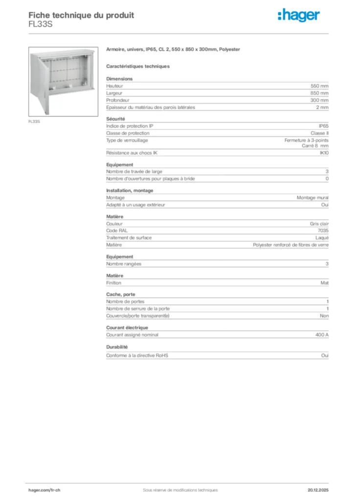 Image Hager Fiche technique du produit FL33S | Hager Suisse