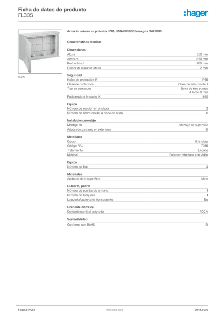 Imagen Hager Ficha de datos de producto FL33S | Hager España