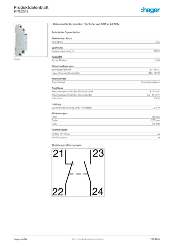 Bild Hager Produktdatenblatt EPN051 | Hager Deutschland