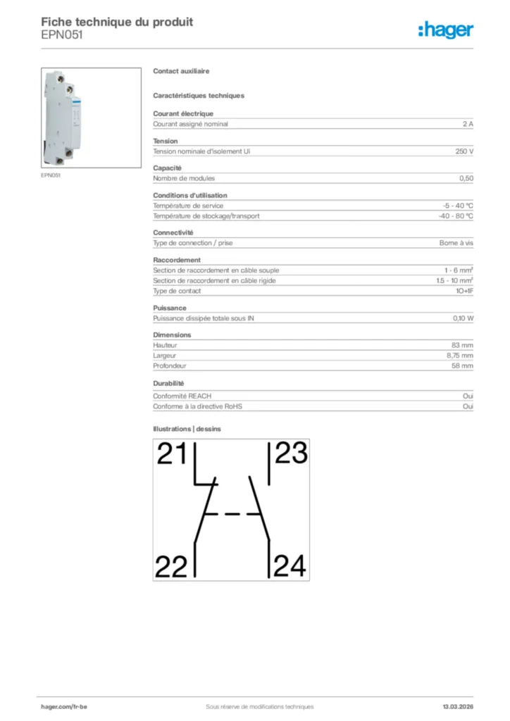 Image Hager Fiche technique du produit EPN051 | Hager Belgique