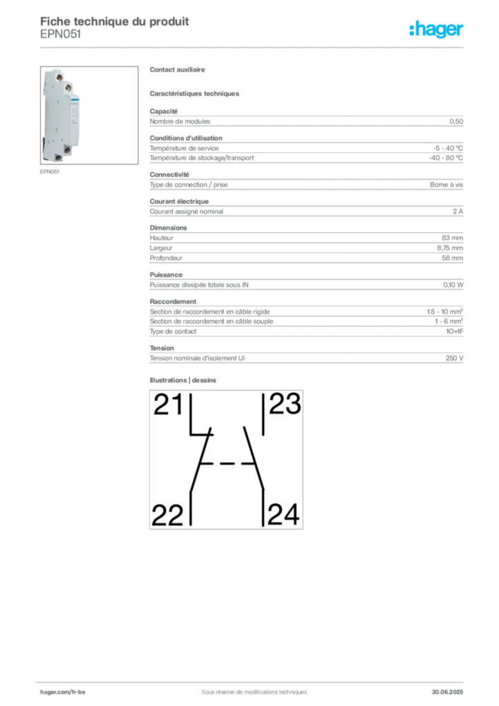 Image Hager Fiche technique du produit EPN051 | Hager Belgique