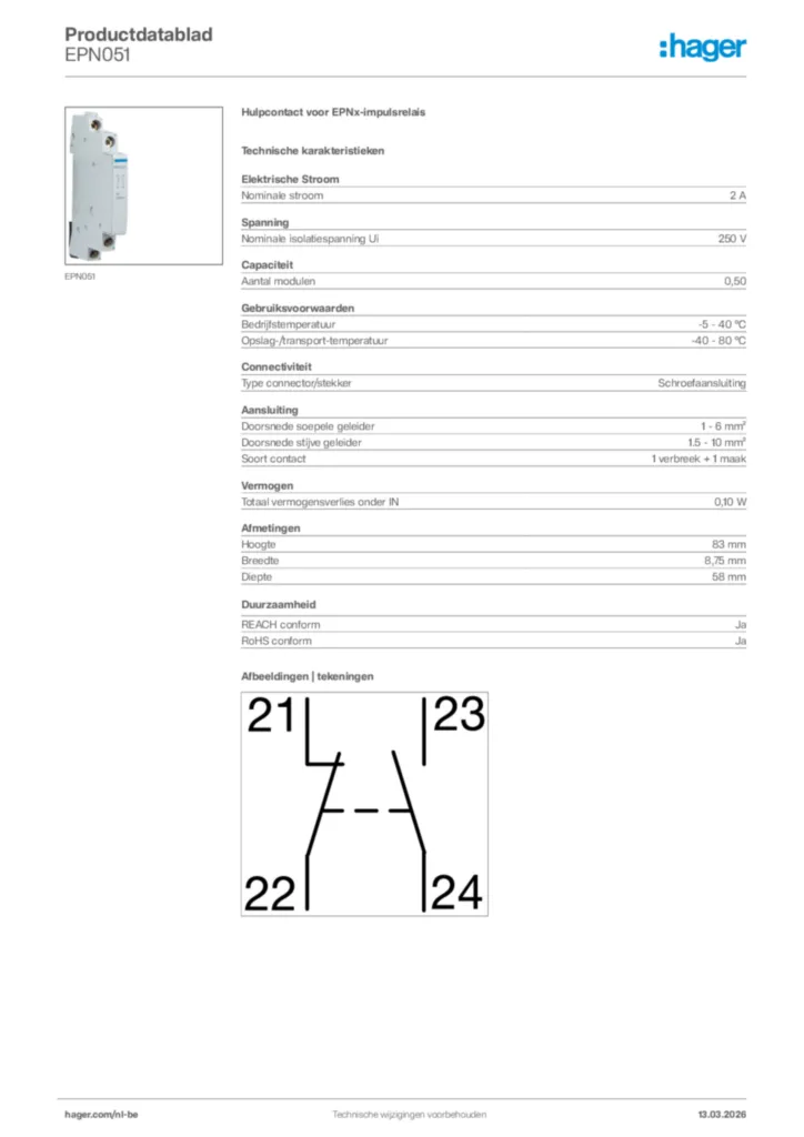 Afbeelding Hager Productdatablad EPN051 | Hager Belgium