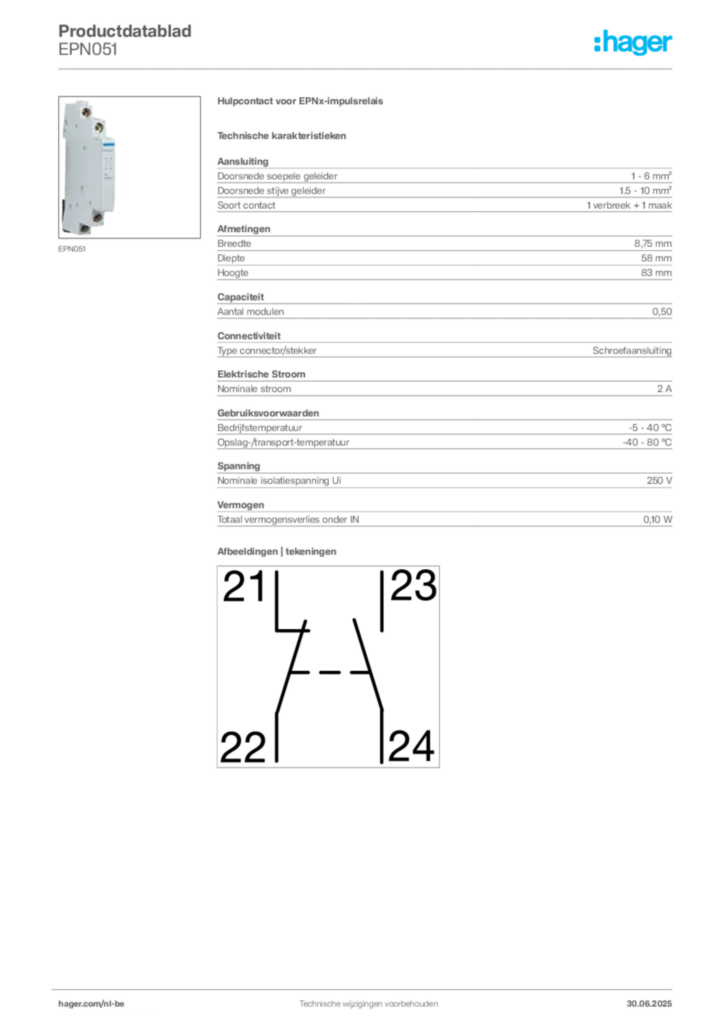 Afbeelding Hager Productdatablad EPN051 | Hager Belgium