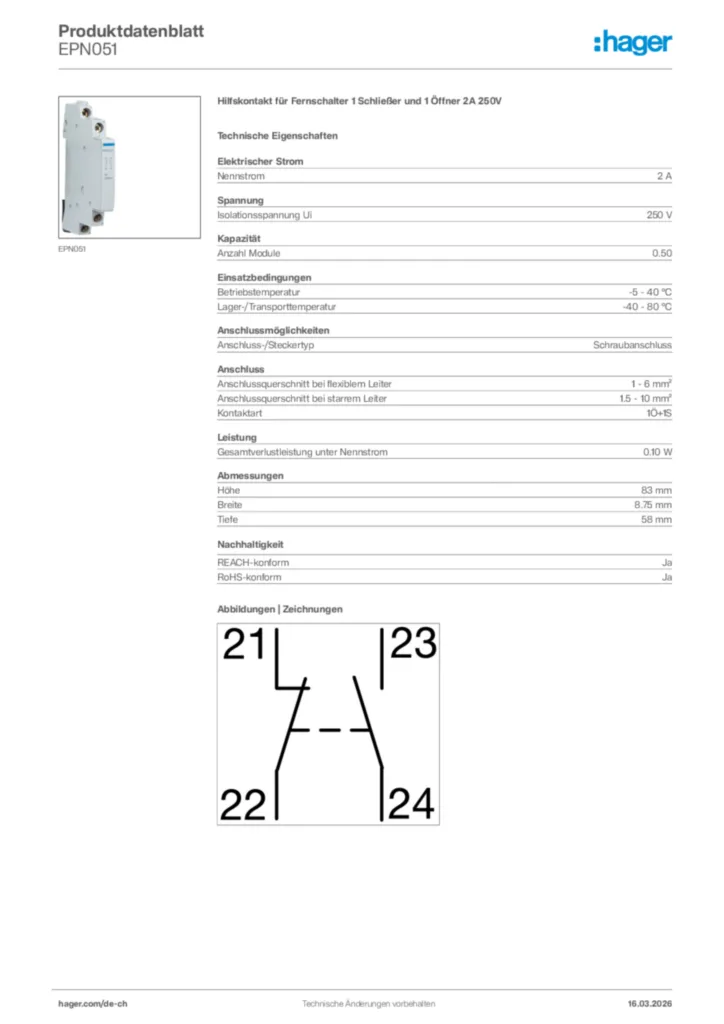 Bild Hager Produktdatenblatt EPN051 | Hager Schweiz