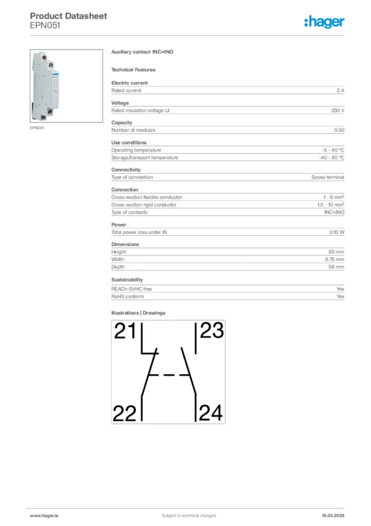 Image Hager Product data sheet EPN051  | Hager
