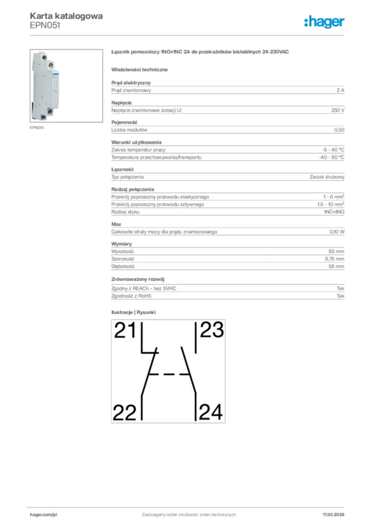Zdjęcie Hager Karta katalogowa EPN051 | Hager Polska
