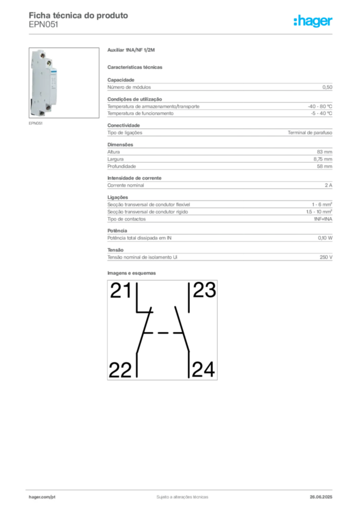 Imagem Hager Ficha técnica do produto EPN051 | Hager Portugal