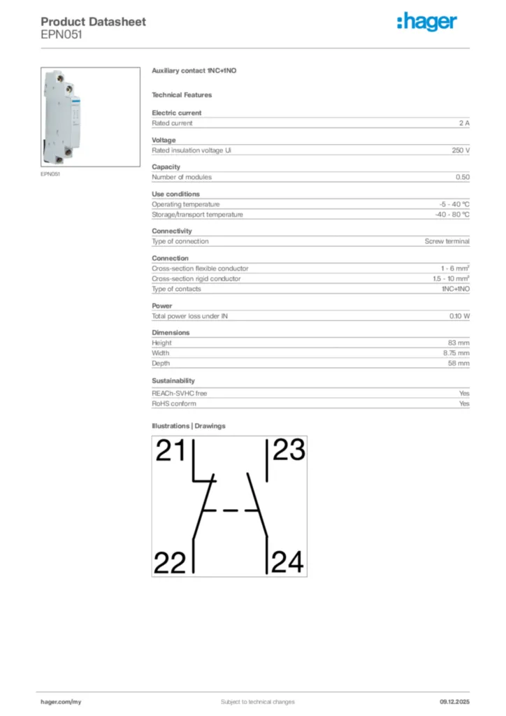 Image Hager Product data sheet EPN051  | Hager