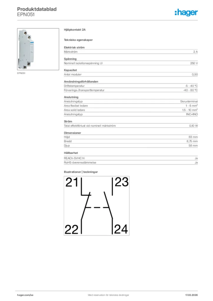 Bild Hager Produktdatablad EPN051 | Hager Sverige