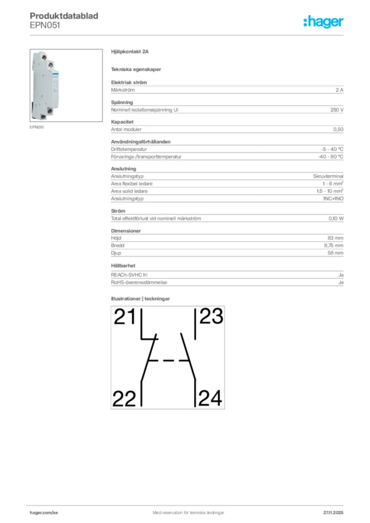 Bild Hager Produktdatablad EPN051 | Hager Sverige