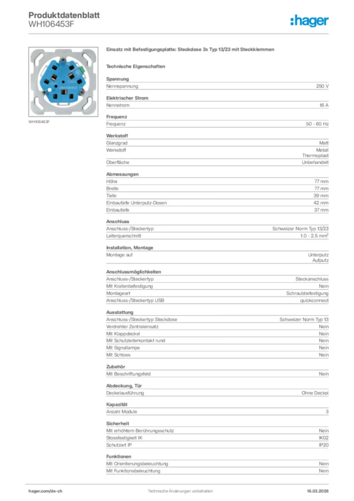 Bild Hager Produktdatenblatt WH106453F | Hager Schweiz